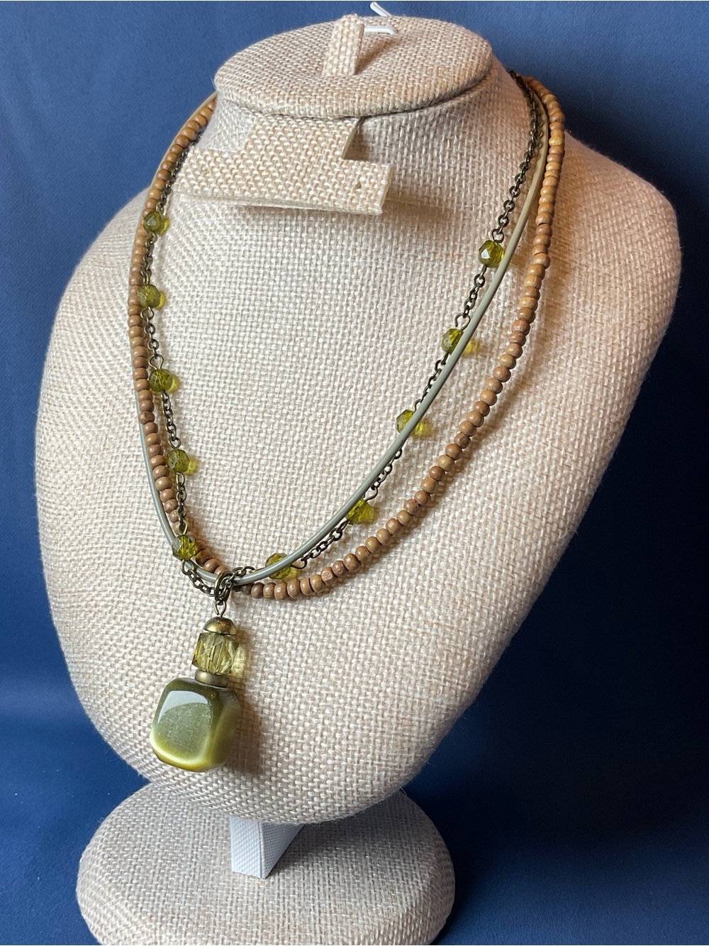 Boho Layered Green Pendant Necklace Wood Bead Crystal Accent Multi Strand